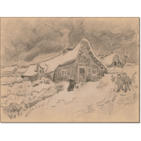 Снежный пейзаж с избушками, крестьянские избы, вид с поля (Snow Landscape with Cottages, Peasant Cottages seen from the Field). Гог, Винсент ван