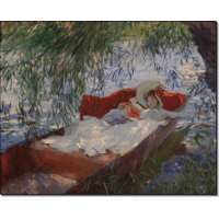 Женщина с ребенком, спящие в лодке под ивами. Сарджент, Джон Сингер