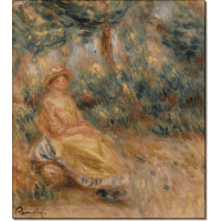 Женщина в розовом и желтом на фоне пейзажа. Ренуар, Пьер Огюст