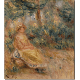 Женщина в розовом и желтом на фоне пейзажа. Ренуар, Пьер Огюст
