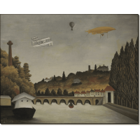 Вид моста Севр и холмов Кламара, Сен-Клу и Бельвю, с бипланом, воздушным шаром и дирижаблем. Руссо, Анри