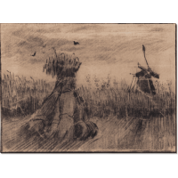 Пшеничное поле со снопами и мельницей (Wheatfield with Stooks and a Mill), 1885. Гог, Винсент ван
