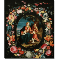 Святое Семейство с Иоанном Крестителем в обрамлении в виде венка из цветов. Брейгель, Ян (младший)