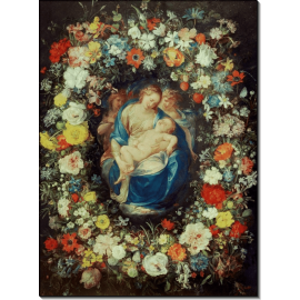 Мадонна с Младенцем и двумя ангелами в обрамлении гирлянды из цветов. Брейгель, Ян (Старший)