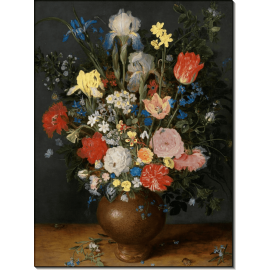 Натюрморт с ирисами, розами, тюльпанами, нарциссами, незабудками, подснежниками и другими цветами в керамической вазе. Брейгель, Ян (Старший)
