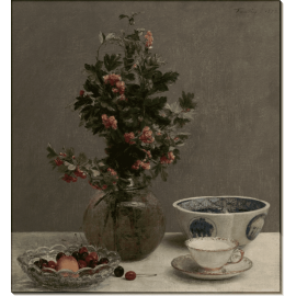 Натюрморт с боярышником в вазе, вишнями, японской чашей, чашкой и блюдцем. Фантен-Латур, Анри