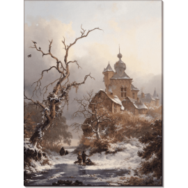 Идиллический зимний пейзаж со сборщиками хвороста близ замка. Круземан, Фредерик Маринус